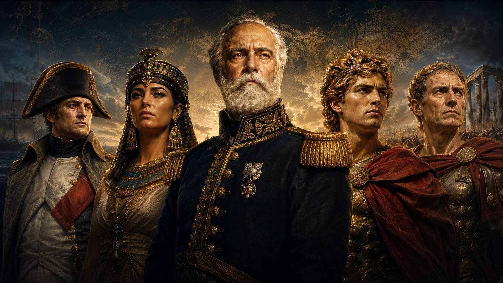 Napoleão, Cleópatra, Almirante Tamandaré, Alexandre, o Grande, e Júlio César reunidos na prévia dos jogos educativos de História.